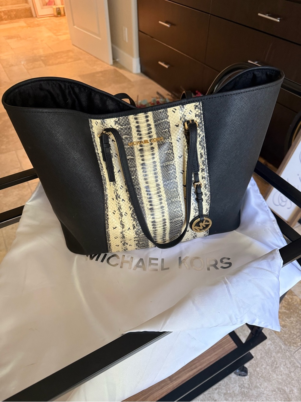 Michael Kors Black Tote with Snake-Print Center Panel in Cream and Black